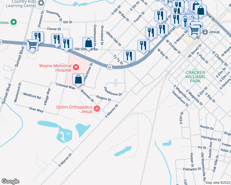 map of restaurants, bars, coffee shops, grocery stores, and more near 205 Pinebloom Drive in Jesup
