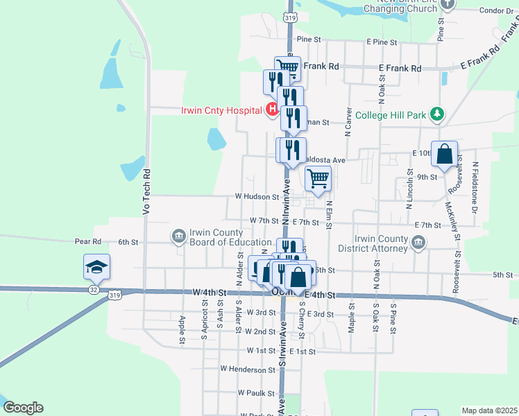 map of restaurants, bars, coffee shops, grocery stores, and more near 411 South Beech Street in Ocilla