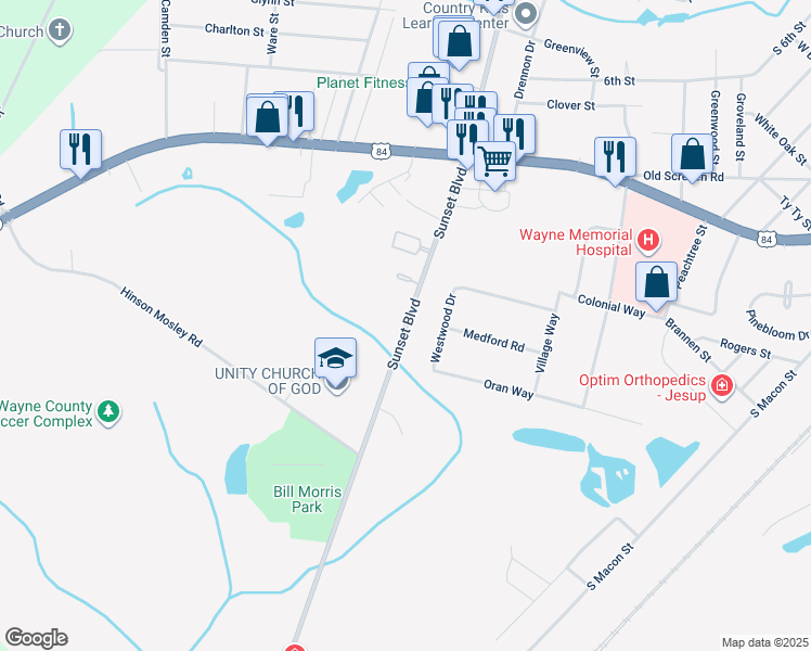 map of restaurants, bars, coffee shops, grocery stores, and more near 1520 Sunset Boulevard in Jesup