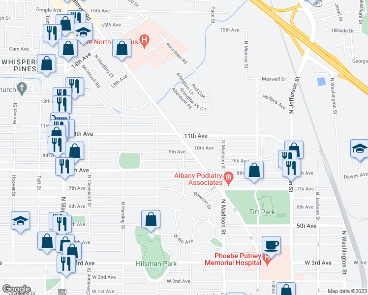 map of restaurants, bars, coffee shops, grocery stores, and more near 1600 Palmyra Road in Albany