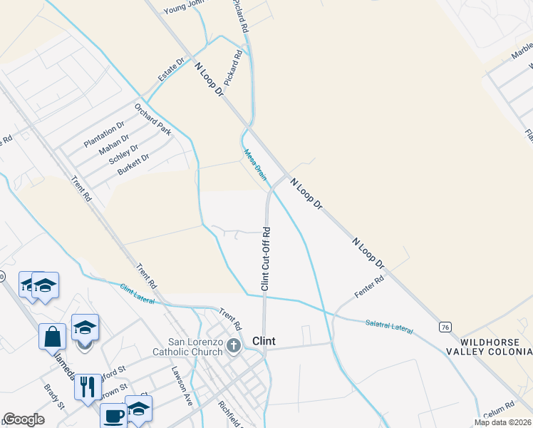 map of restaurants, bars, coffee shops, grocery stores, and more near 1025 Clint Cut-Off Road in Clint
