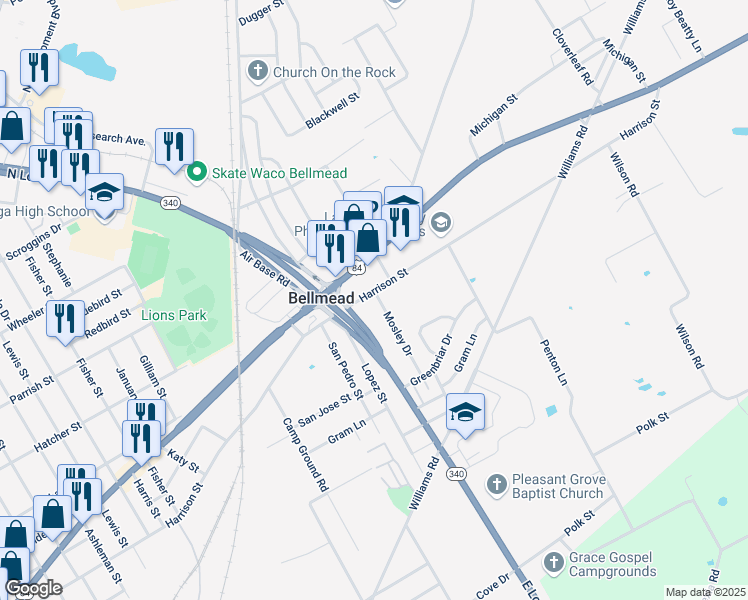 map of restaurants, bars, coffee shops, grocery stores, and more near 4207 Harrison Street in Waco