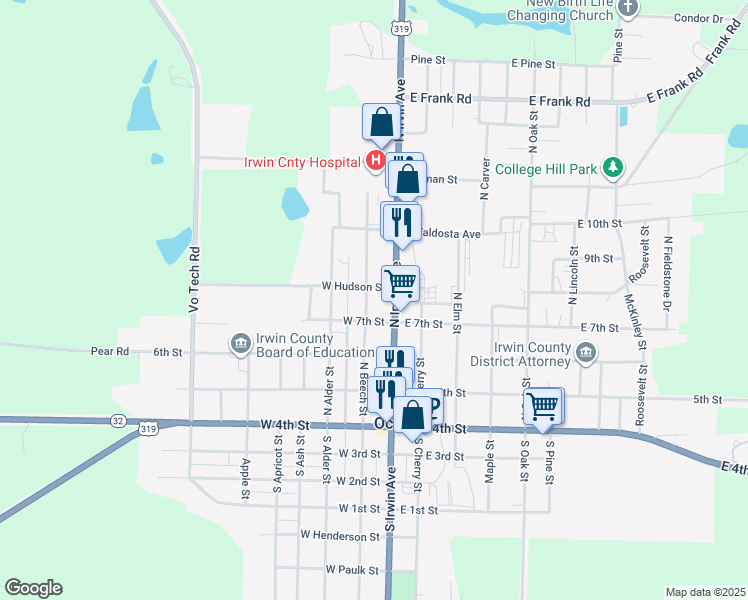 map of restaurants, bars, coffee shops, grocery stores, and more near 411 South Beech Street in Ocilla