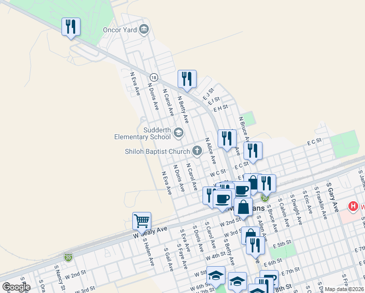 map of restaurants, bars, coffee shops, grocery stores, and more near 701 North Carol Avenue in Monahans