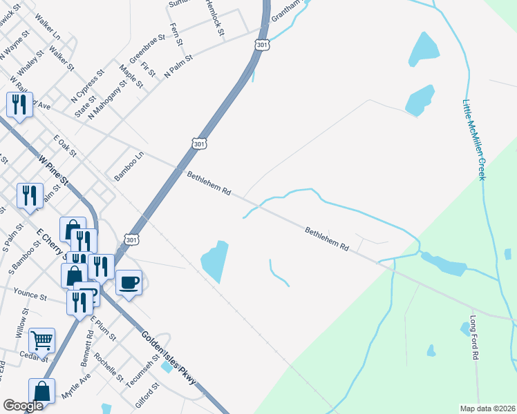 map of restaurants, bars, coffee shops, grocery stores, and more near 1040 Bethlehem Road in Jesup