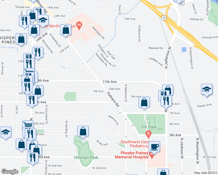 map of restaurants, bars, coffee shops, grocery stores, and more near 1600 Palmyra Road in Albany
