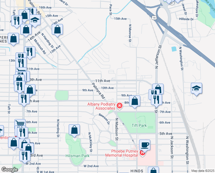 map of restaurants, bars, coffee shops, grocery stores, and more near 615 10th Avenue in Albany