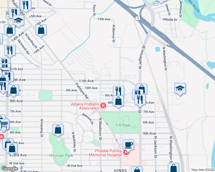 map of restaurants, bars, coffee shops, grocery stores, and more near 515 10th Avenue in Albany