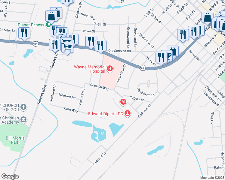 map of restaurants, bars, coffee shops, grocery stores, and more near 111 Colonial Way in Jesup