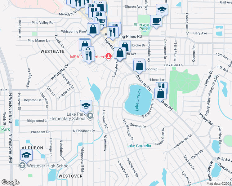 map of restaurants, bars, coffee shops, grocery stores, and more near 2115 Robinhood Road in Albany