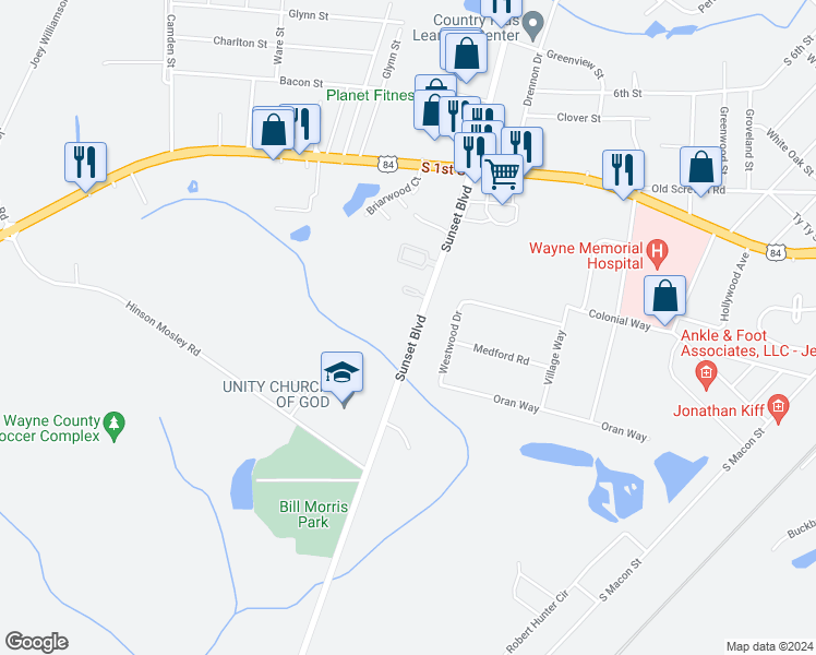 map of restaurants, bars, coffee shops, grocery stores, and more near 1520 Sunset Boulevard in Jesup