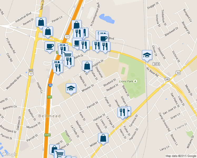 map of restaurants, bars, coffee shops, grocery stores, and more near 1303 Fisher Street in Waco