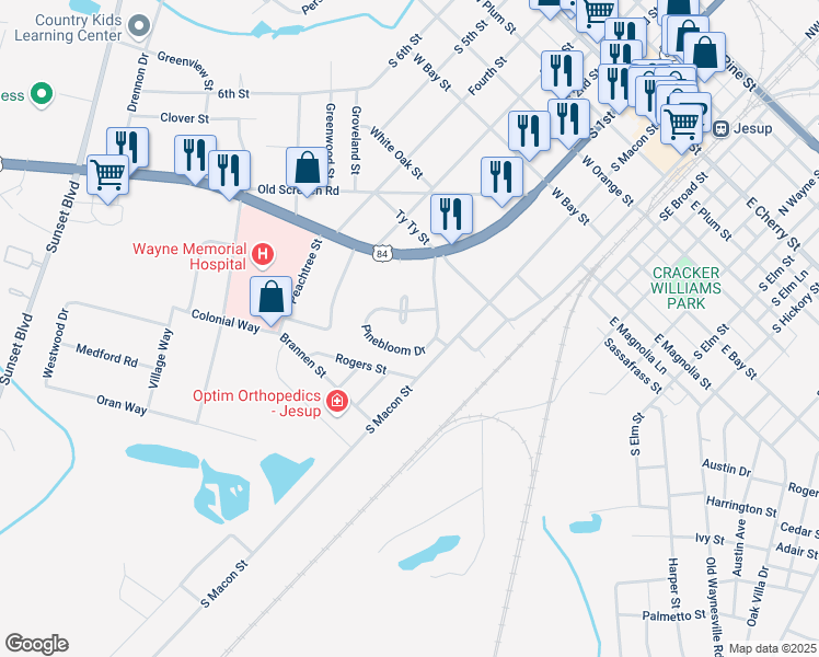 map of restaurants, bars, coffee shops, grocery stores, and more near 205 Pinebloom Drive in Jesup