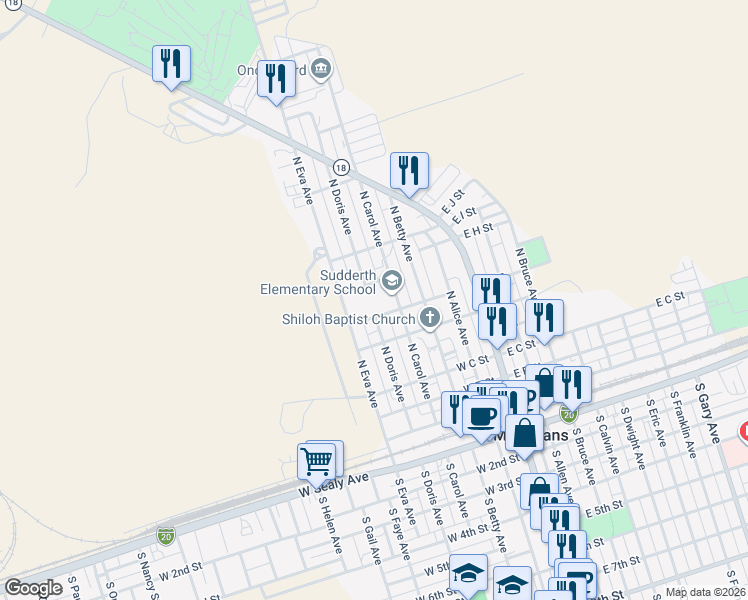 map of restaurants, bars, coffee shops, grocery stores, and more near 701 North Carol Avenue in Monahans
