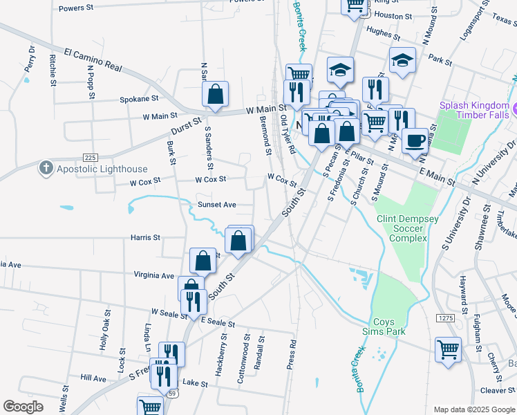 map of restaurants, bars, coffee shops, grocery stores, and more near 703 Virginia Avenue in Nacogdoches