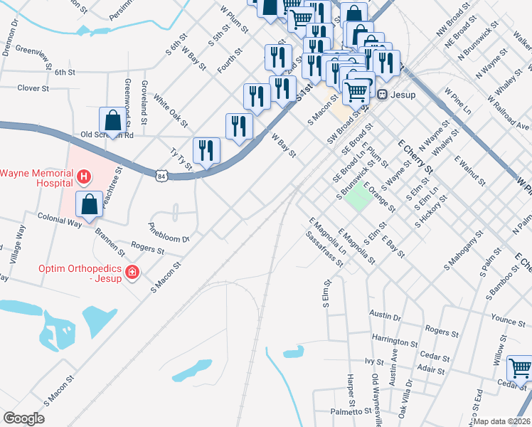 map of restaurants, bars, coffee shops, grocery stores, and more near 551 Vine Street in Jesup