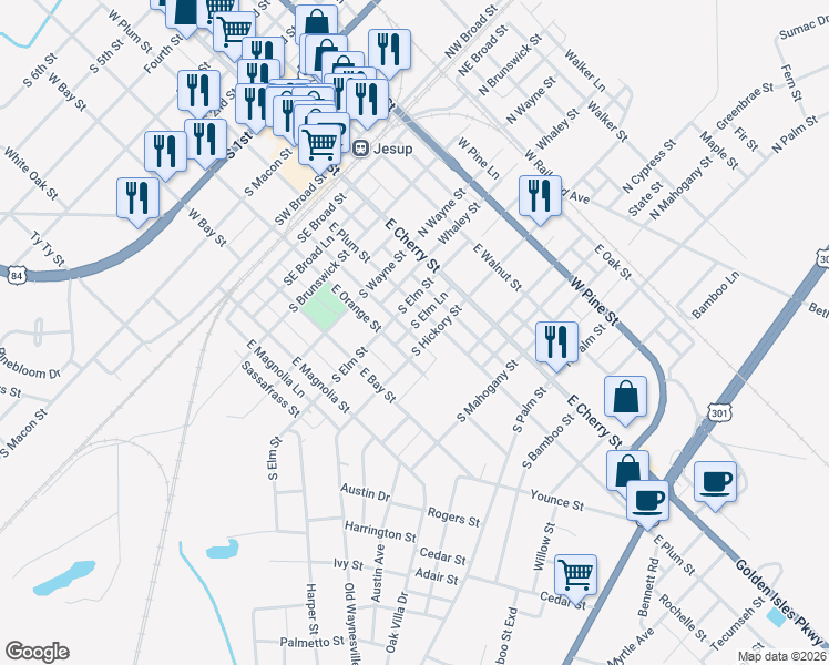 map of restaurants, bars, coffee shops, grocery stores, and more near 200-298 S Elm St in Jesup