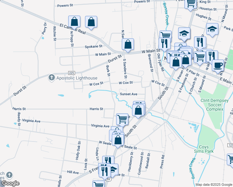 map of restaurants, bars, coffee shops, grocery stores, and more near 413 Burk Street in Nacogdoches