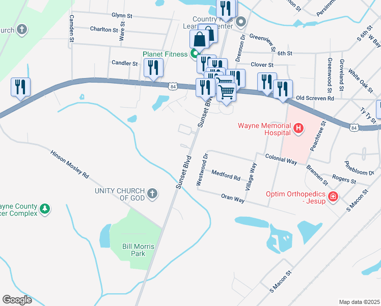 map of restaurants, bars, coffee shops, grocery stores, and more near 1460 Sunset Boulevard in Jesup
