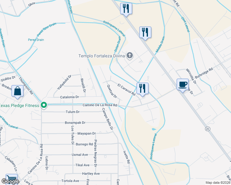 map of restaurants, bars, coffee shops, grocery stores, and more near 348 El Caracol Road in Clint
