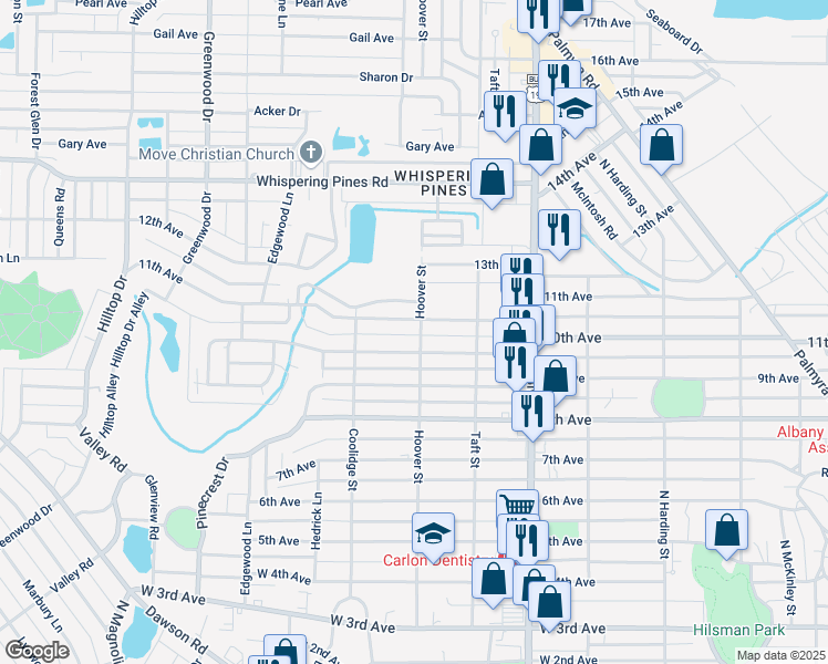 map of restaurants, bars, coffee shops, grocery stores, and more near 1705 Hoover Street in Albany