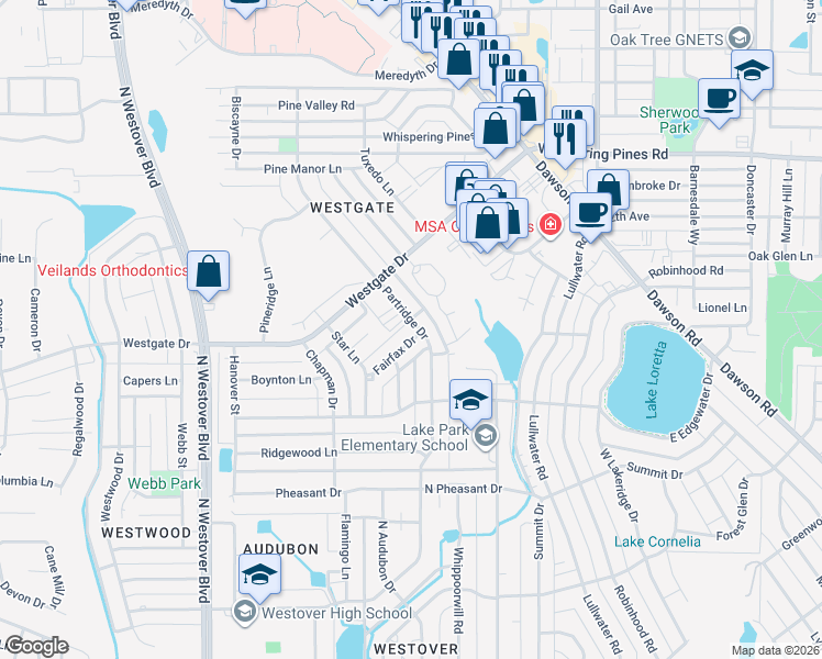 map of restaurants, bars, coffee shops, grocery stores, and more near 800 Partridge Drive in Albany
