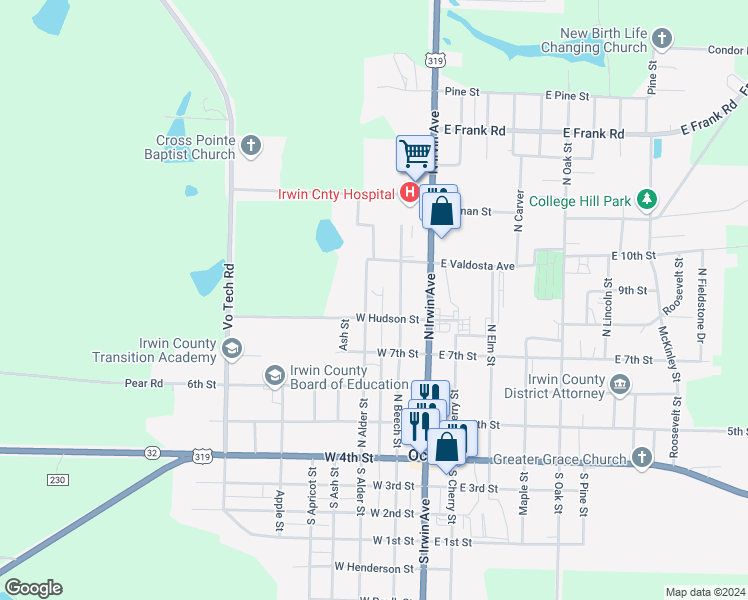 map of restaurants, bars, coffee shops, grocery stores, and more near 209 West Hudson Street in Ocilla