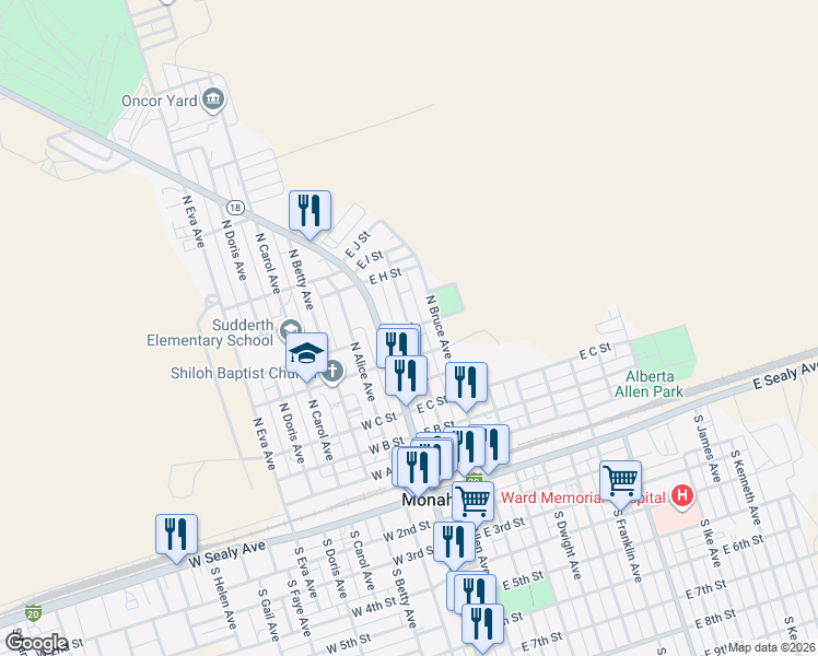 map of restaurants, bars, coffee shops, grocery stores, and more near 700 North Allen Avenue in Monahans