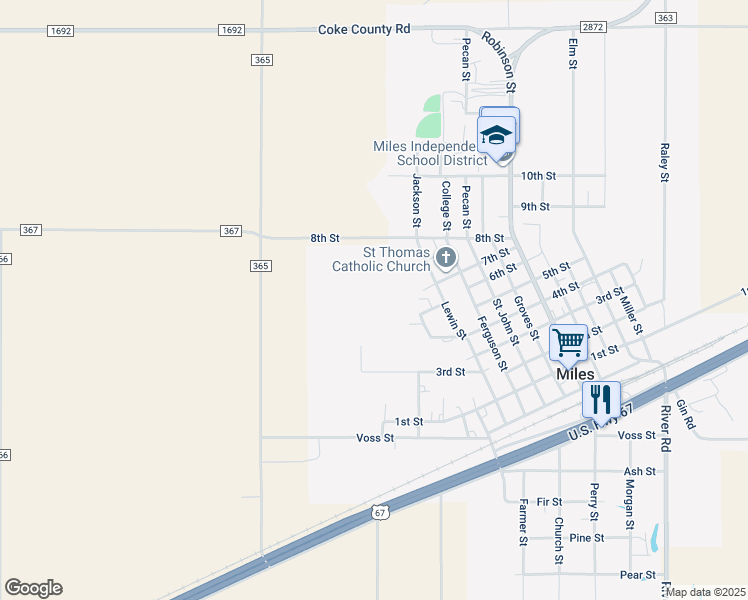 map of restaurants, bars, coffee shops, grocery stores, and more near 601 8th Street in Miles