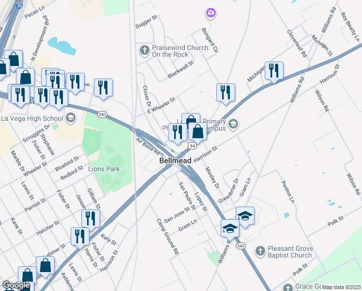 map of restaurants, bars, coffee shops, grocery stores, and more near 4114 Bellmead Drive in Waco