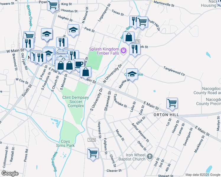 map of restaurants, bars, coffee shops, grocery stores, and more near 100 Wedgewood Drive in Nacogdoches