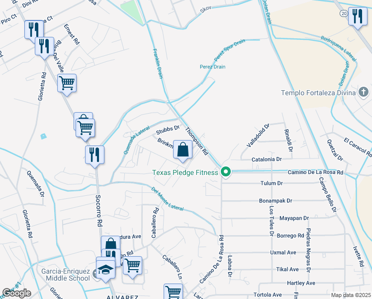 map of restaurants, bars, coffee shops, grocery stores, and more near 720 Thompson Road in San Elizario