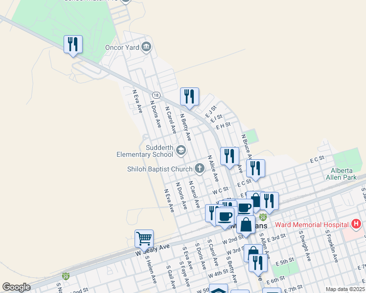 map of restaurants, bars, coffee shops, grocery stores, and more near 800 North Carol Avenue in Monahans