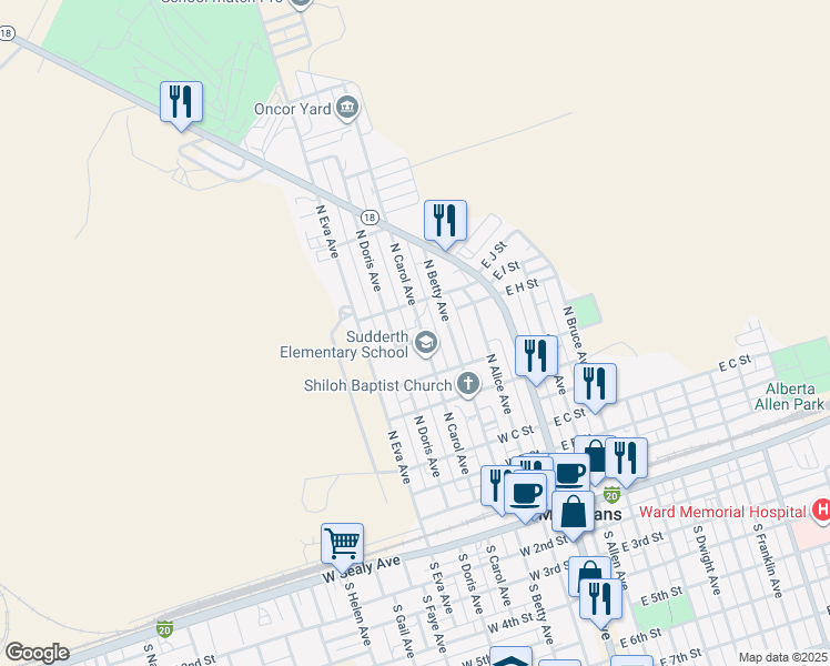 map of restaurants, bars, coffee shops, grocery stores, and more near 800-898 North Carol Avenue in Monahans