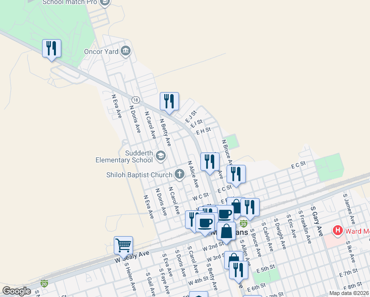 map of restaurants, bars, coffee shops, grocery stores, and more near 813 North Alice Avenue in Monahans