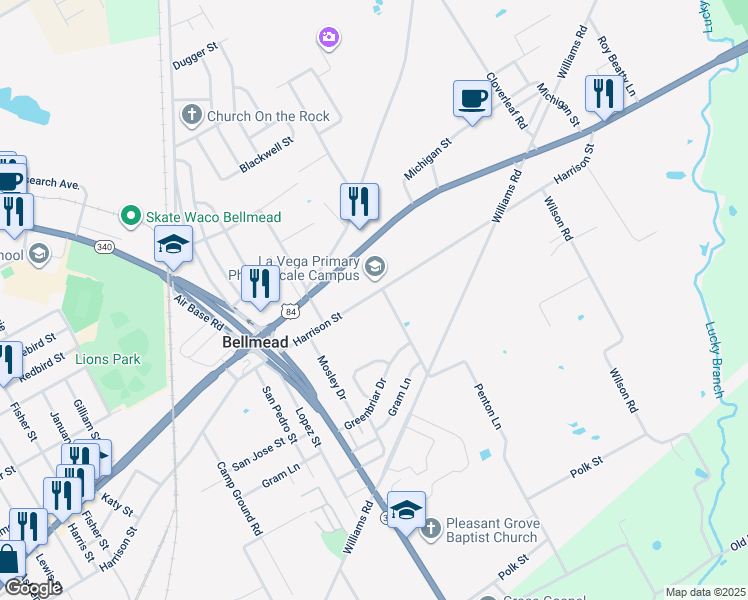 map of restaurants, bars, coffee shops, grocery stores, and more near 4329 Harrison Street in Bellmead