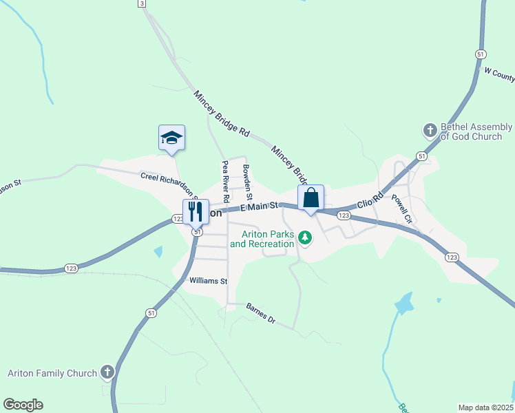 map of restaurants, bars, coffee shops, grocery stores, and more near Alabama 123 in Ariton