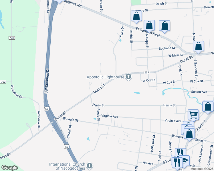 map of restaurants, bars, coffee shops, grocery stores, and more near 2013 Durst Street in Nacogdoches