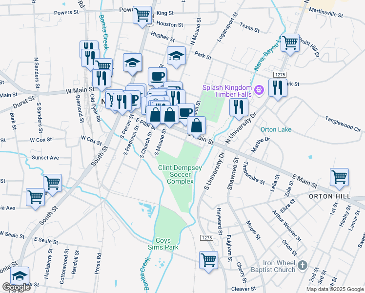 map of restaurants, bars, coffee shops, grocery stores, and more near 225 South Lanana Street in Nacogdoches