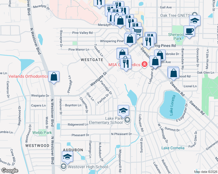 map of restaurants, bars, coffee shops, grocery stores, and more near 800 Partridge Drive in Albany