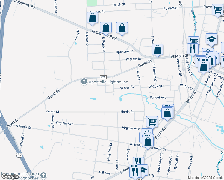 map of restaurants, bars, coffee shops, grocery stores, and more near 414 Dennis Street in Nacogdoches