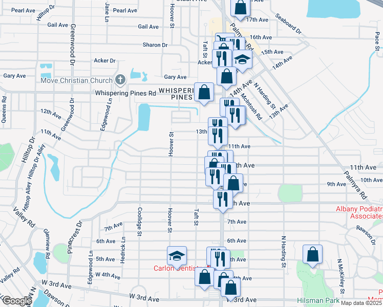 map of restaurants, bars, coffee shops, grocery stores, and more near 1203 11th Avenue in Albany