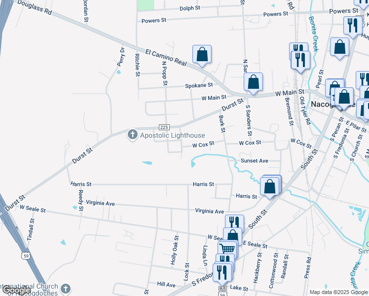 map of restaurants, bars, coffee shops, grocery stores, and more near 414 Dennis Street in Nacogdoches