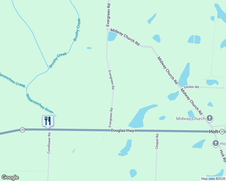 map of restaurants, bars, coffee shops, grocery stores, and more near 197 Evergreen Road in Ocilla