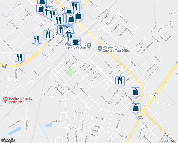 map of restaurants, bars, coffee shops, grocery stores, and more near 200 South Elm Street in Jesup