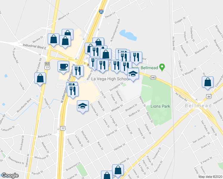 map of restaurants, bars, coffee shops, grocery stores, and more near 3625 Scroggins Drive in Bellmead