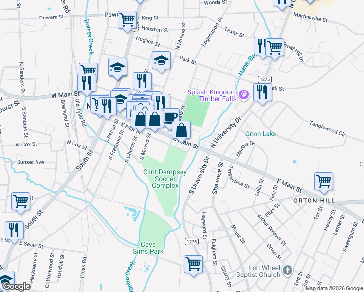 map of restaurants, bars, coffee shops, grocery stores, and more near 720 East Main Street in Nacogdoches