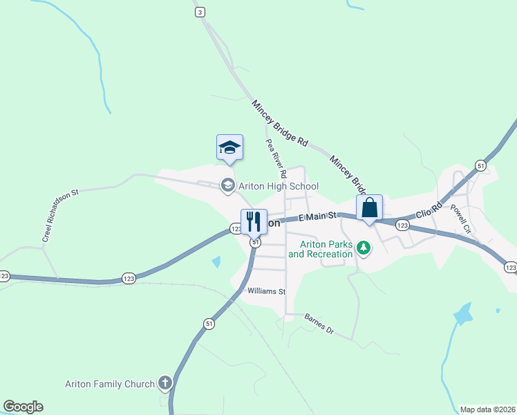 map of restaurants, bars, coffee shops, grocery stores, and more near in Ariton