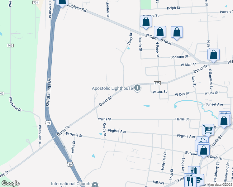 map of restaurants, bars, coffee shops, grocery stores, and more near 2013 Durst Street in Nacogdoches