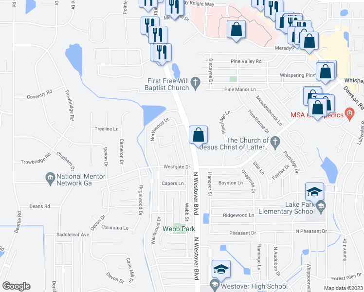 map of restaurants, bars, coffee shops, grocery stores, and more near 1803 Northwood Drive in Albany